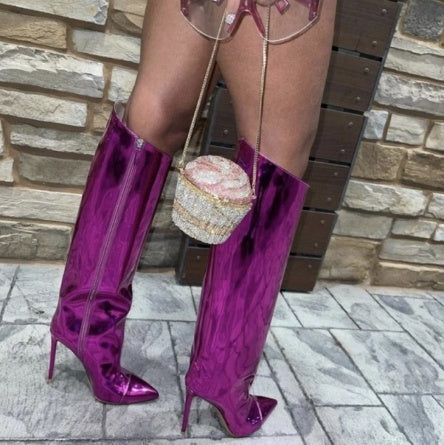 Shiny Patent Leather Metallic Women's High Heel Pointed Toe Knee-High Boots