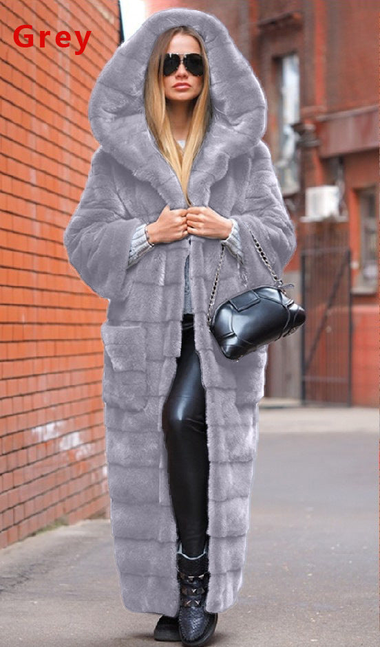 Plush Shaggy Faux Fur Solid Color Hip-Hop Streetwear Women's Trenchcoat to 5X Plus Size