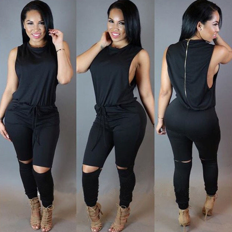 Ripped Knee O-Neck Sleeveless Women's Zipper Back Solid Color Drawstring Skinny Jumpsuit