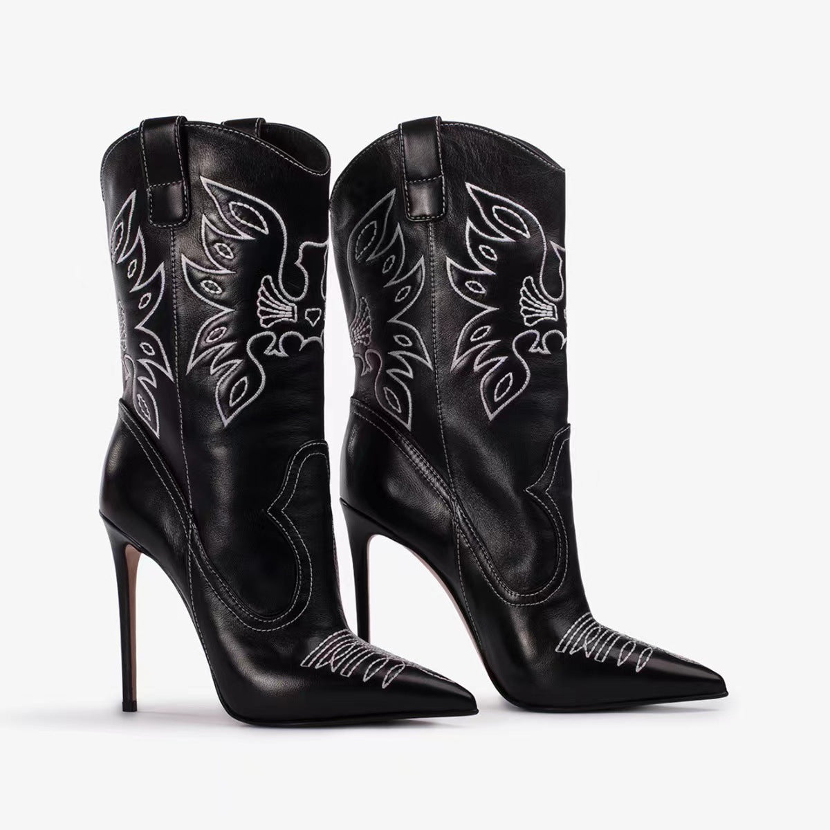 Western Denim/PU Leather Embroidered Stiletto Heel Women's Ankle Boots