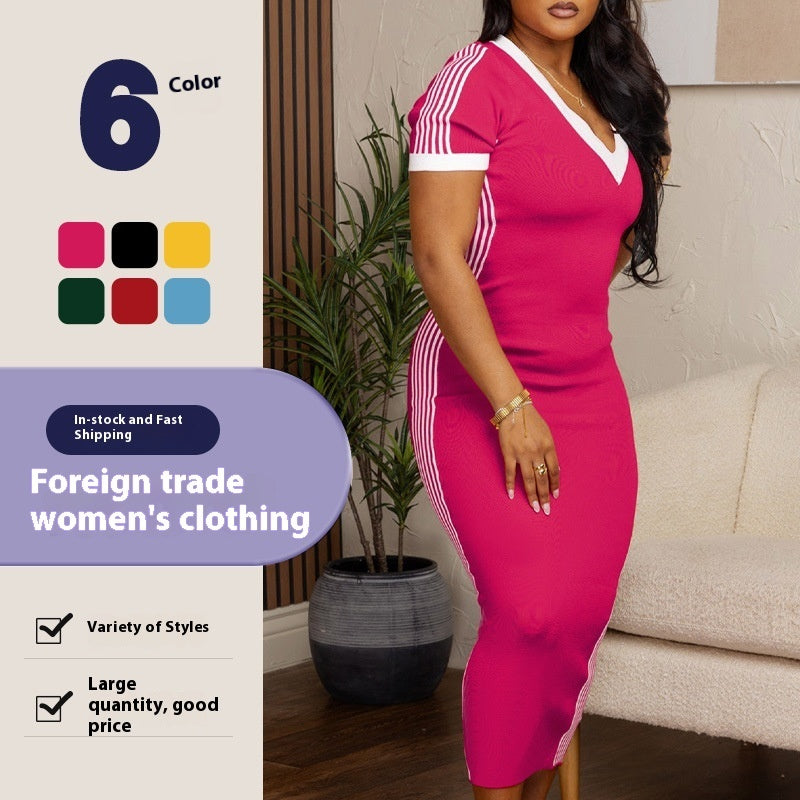 Side Striped V-Neck Short Sleeve Maxi T-Shirt Dress