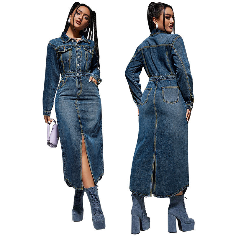 Denim Blue Double Pocket Design Long Sleeve High Slit Maxi Button-Up Jean Dress