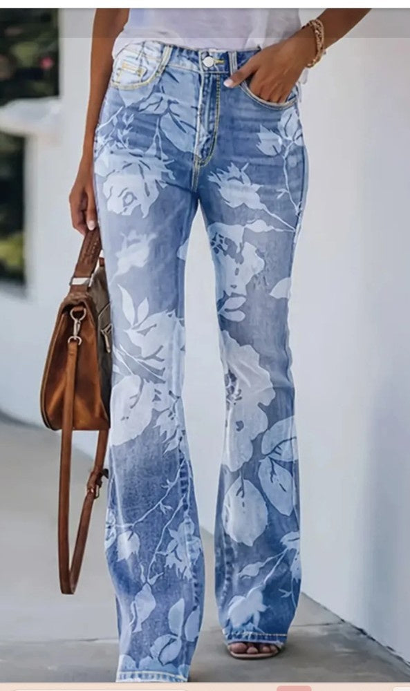 Denim Blue/White Flower Print Women's Jeans to 5X Plus Size