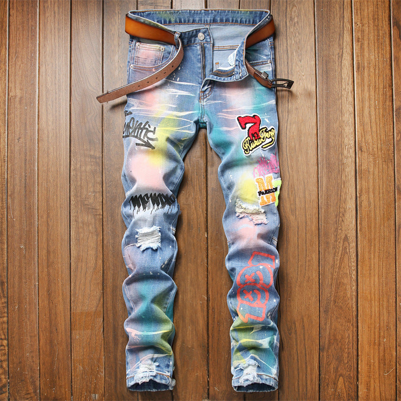 Ripped Men's Painted Patch Hip-Hop Graffiti Design Ruched Stretch Skinny Jeans