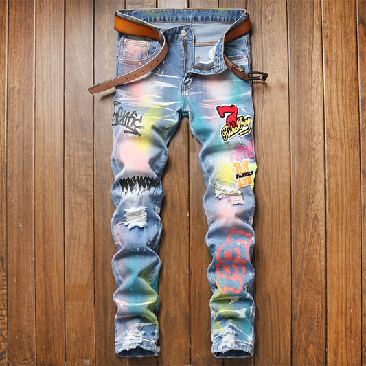 Ripped Men's Painted Patch Hip-Hop Graffiti Design Ruched Stretch Skinny Jeans