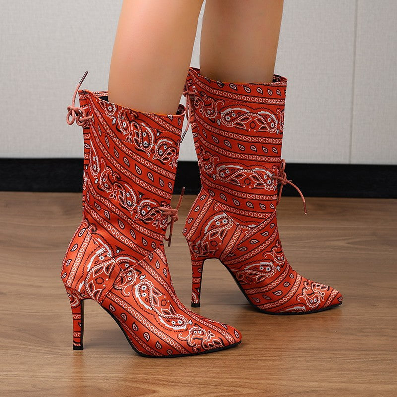 Camoflauge/Paisley Bandana Print Drawstring Women's Pointed Toe High Heel Ankle Boots