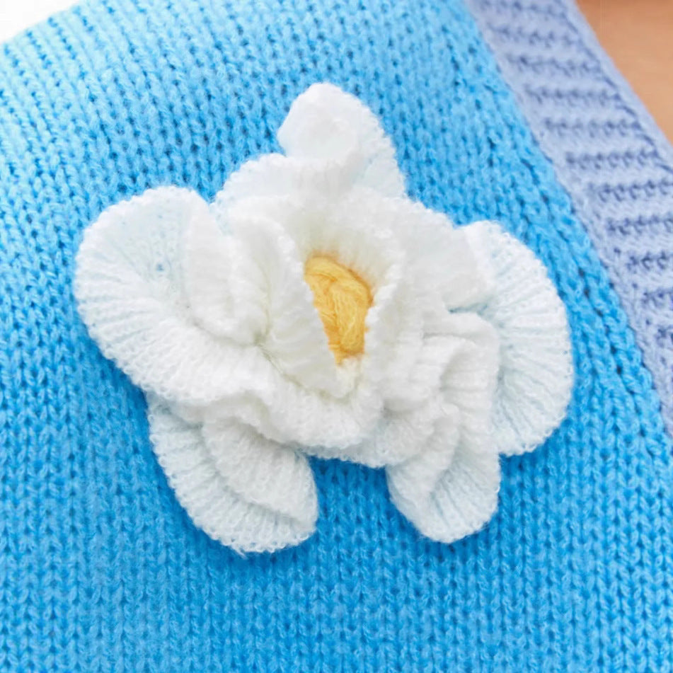 Blue/White Big Flower Embroidered Lantern Sleeve Women's Cardigan Sweater