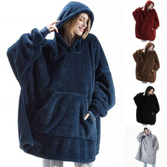 Oversized Unisex Fleece Loose 2-Sided Wearable Hoodie Blanket Sweatshirt w/ Kangaroo Pocket