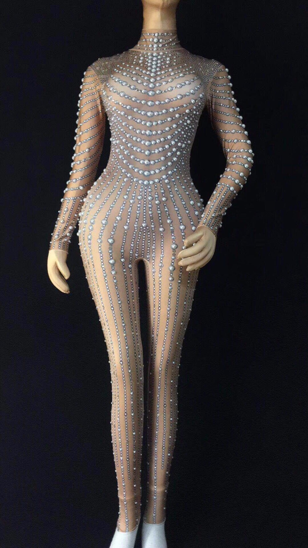 Pearl Beaded Embellished Flesh Tone Mock Neck Long Sleeve Stretch Zipper Back Women's Stage Performance Formal Jumpsuit
