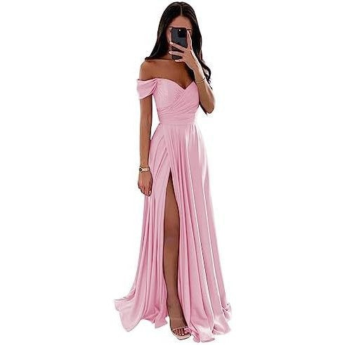 Off-the-Shoulder Corset Design Cinched Waist Solid Color Temperament Bridesmaid/Party Formal Maxi Dress