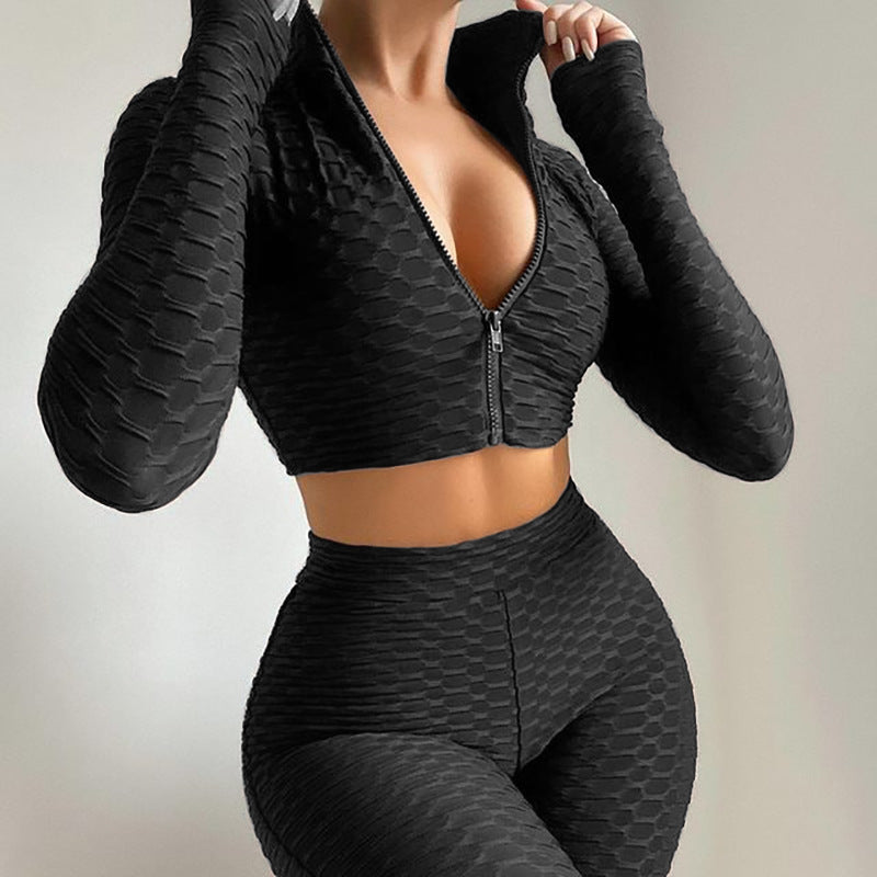 Texturized Fitness Long Sleeve Crop Zipper Jacket + Workout Gym Shorts 2-Piece Set