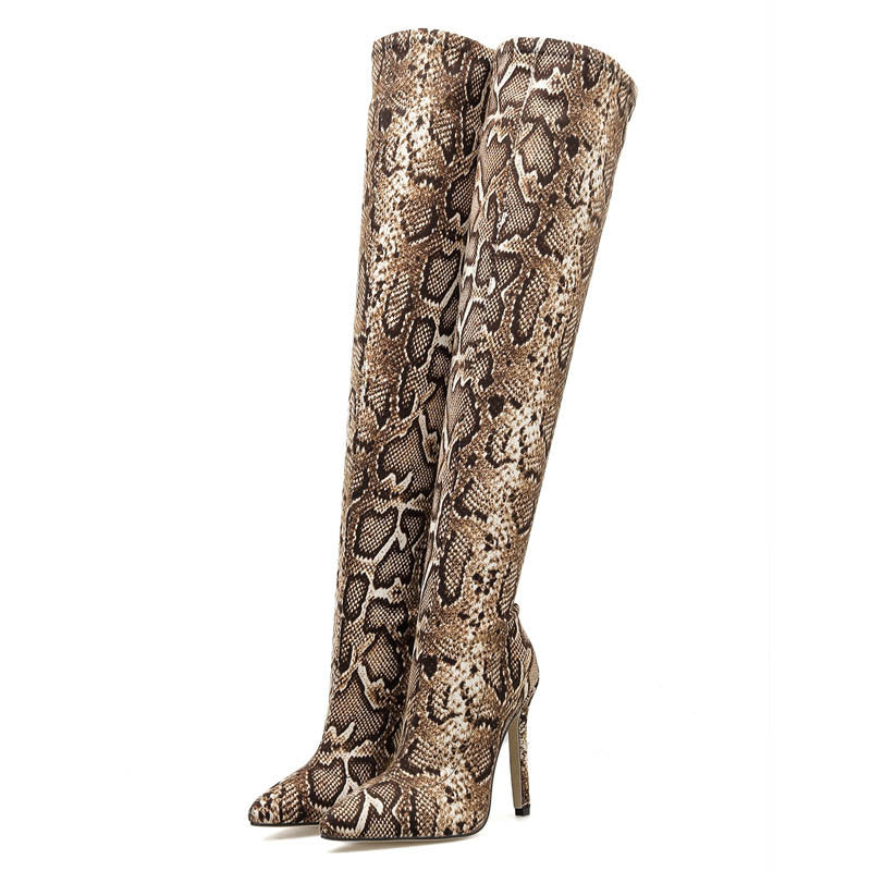 Leopard Pointed Print Stiletto Heel Women's Over-The-Knee Stretch Boots