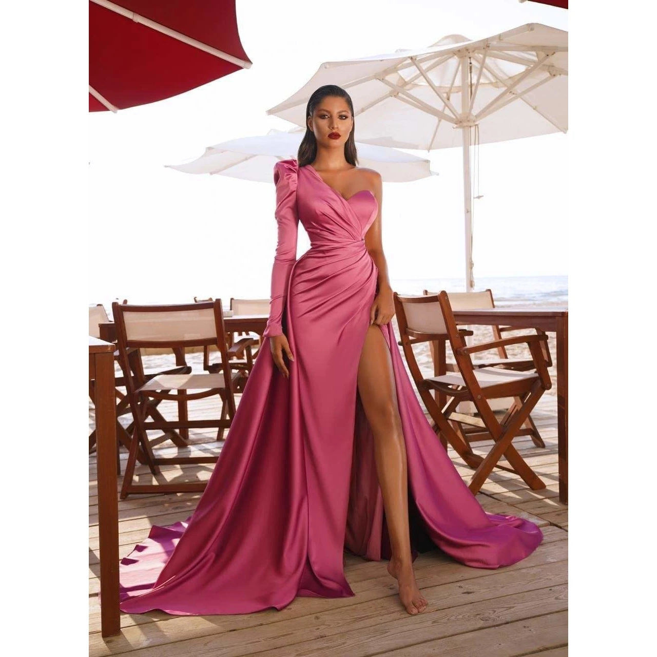 Satin Asymmetrical One Shoulder Long Puff Sleeve High Slit Solid Color Formal Maxi Party/Prom Dress to 3X Plus Size