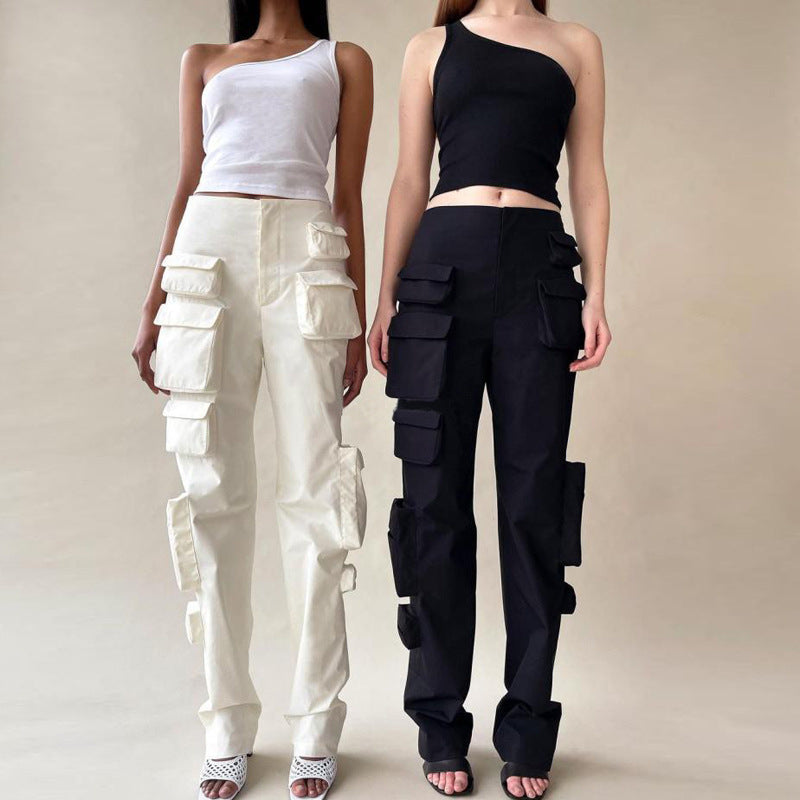 White/Black Hip-Hop Streetwear Multi-Pocketed Women's High Waist Cargo Pants