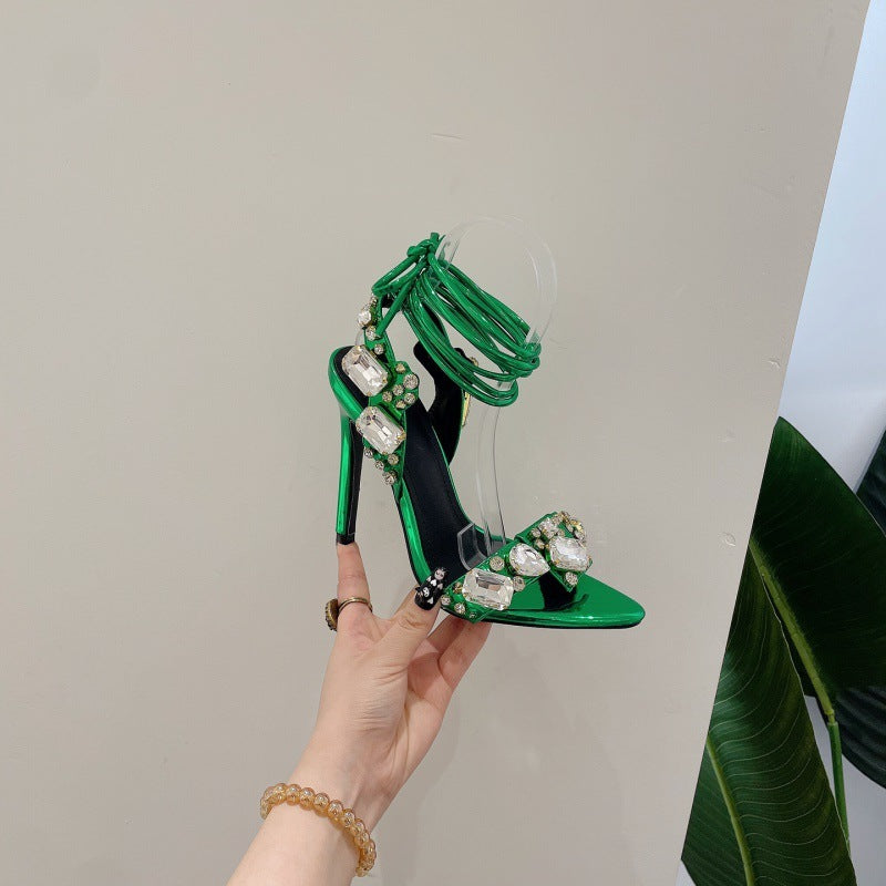 Satin Rhinestone Open Toe Spiral Strap Stiletto Heel Sandal Pumps