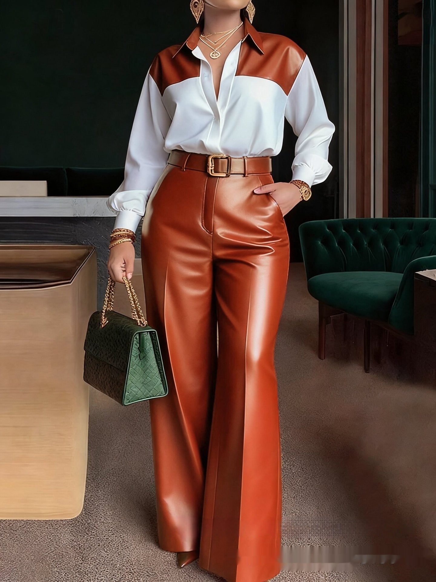 Colorblock Patchwork Women's Long Sleeve Blouse + Wide Leg Leather Pants 2-Piece Set to 3X Plus Size