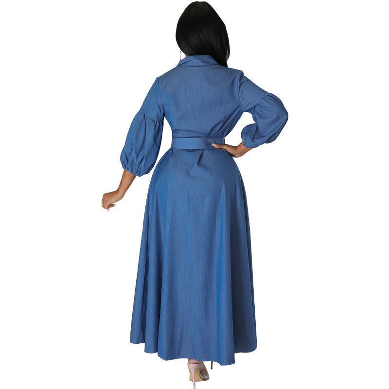 Blue Denim Button-Up Long Balloon Sleeve Maxi Jean Dress