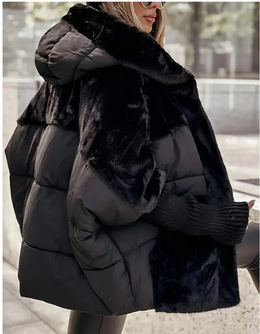 Oversized Quilted Faux Fur Patchwork Women's Long Sleeve Hoodie Jacket to 3X Plus Size