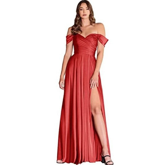 Off-the-Shoulder Corset Design Cinched Waist Solid Color Temperament Bridesmaid/Party Formal Maxi Dress