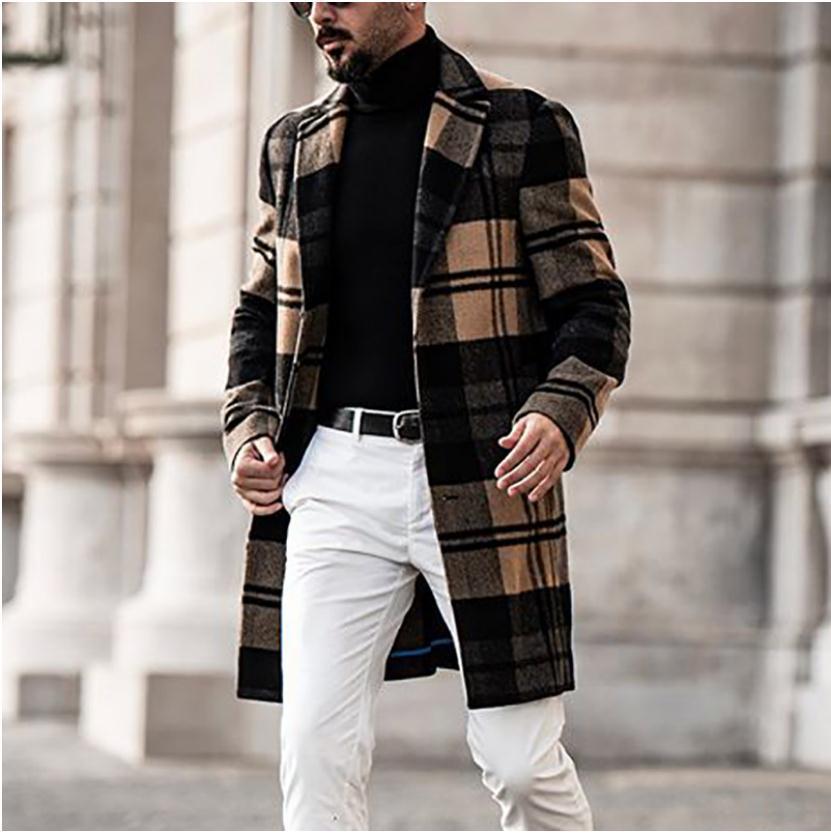 Men's Plaid/Solid Color Turn-Down Collar Button-Up 3/4 Length Pea Coats