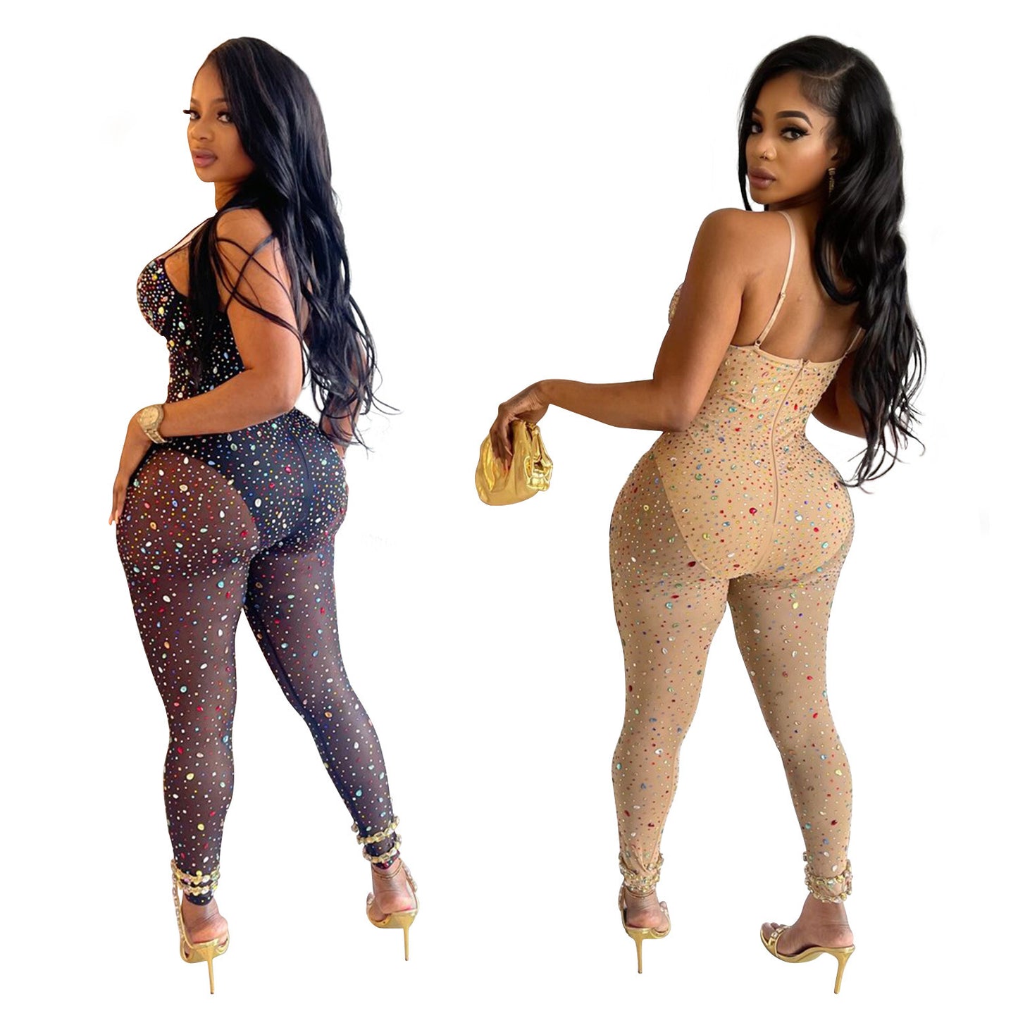 Mesh Rhinestone Embellished Transparent Corset Top Spaghetti Strap Women's Skinny Party Jumpsuit