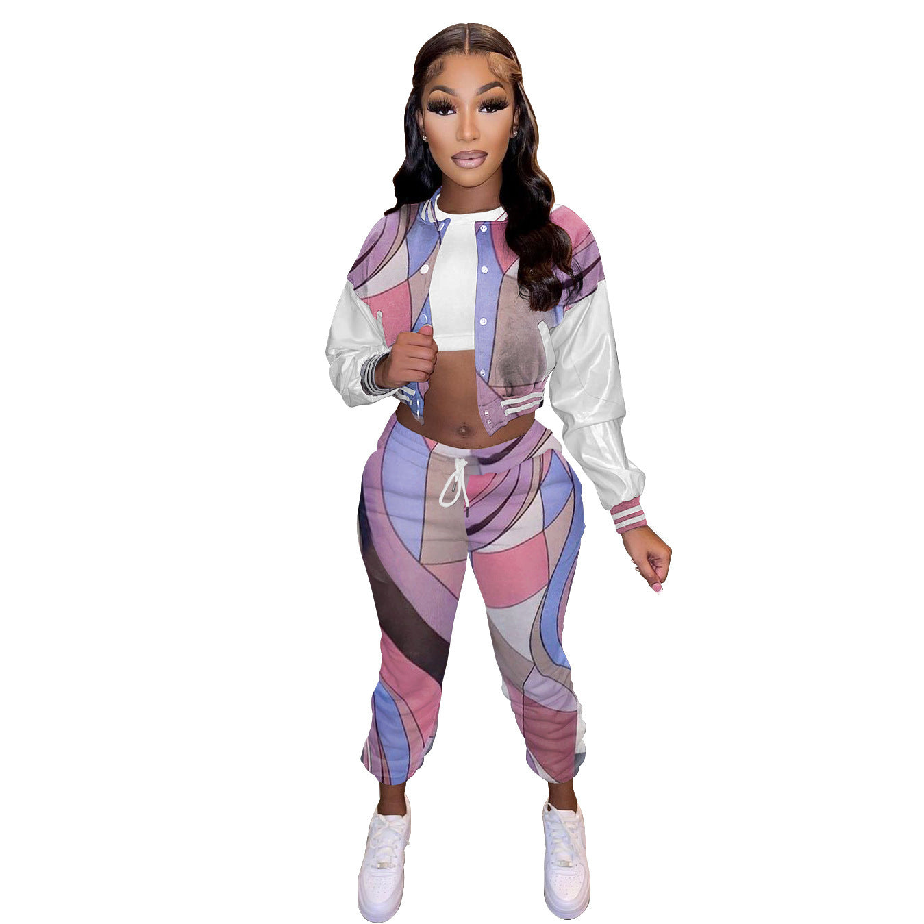 Geometric Colorblock Print Women's Cropped Baseball Bomber Jacket + Drawstring Bodycon Sweatpants 2-Piece Set