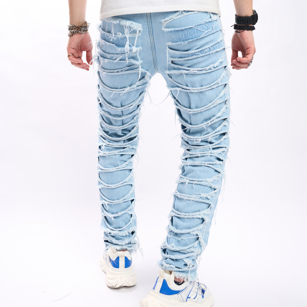 Men's Denim Rioped Baby Blue Fringe Pattern Hip-Hop Skinny Jeans