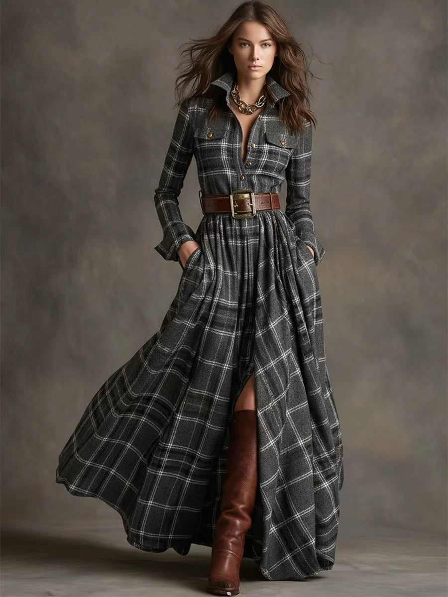 Oversized Plaid Print Long Sleeve Pocketed Turn-Down Collar Button-Up Big Swing Maxi Dress to 4X Plus Size