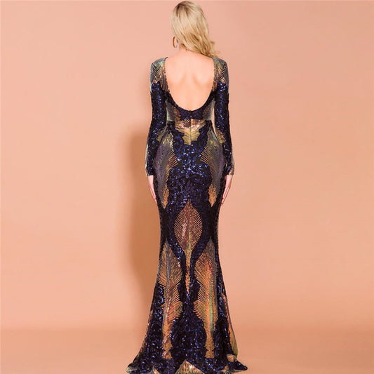 Metallic Sequin Design Backless Long Sleeve Formal Evening Gown Party Floor-Length Dress