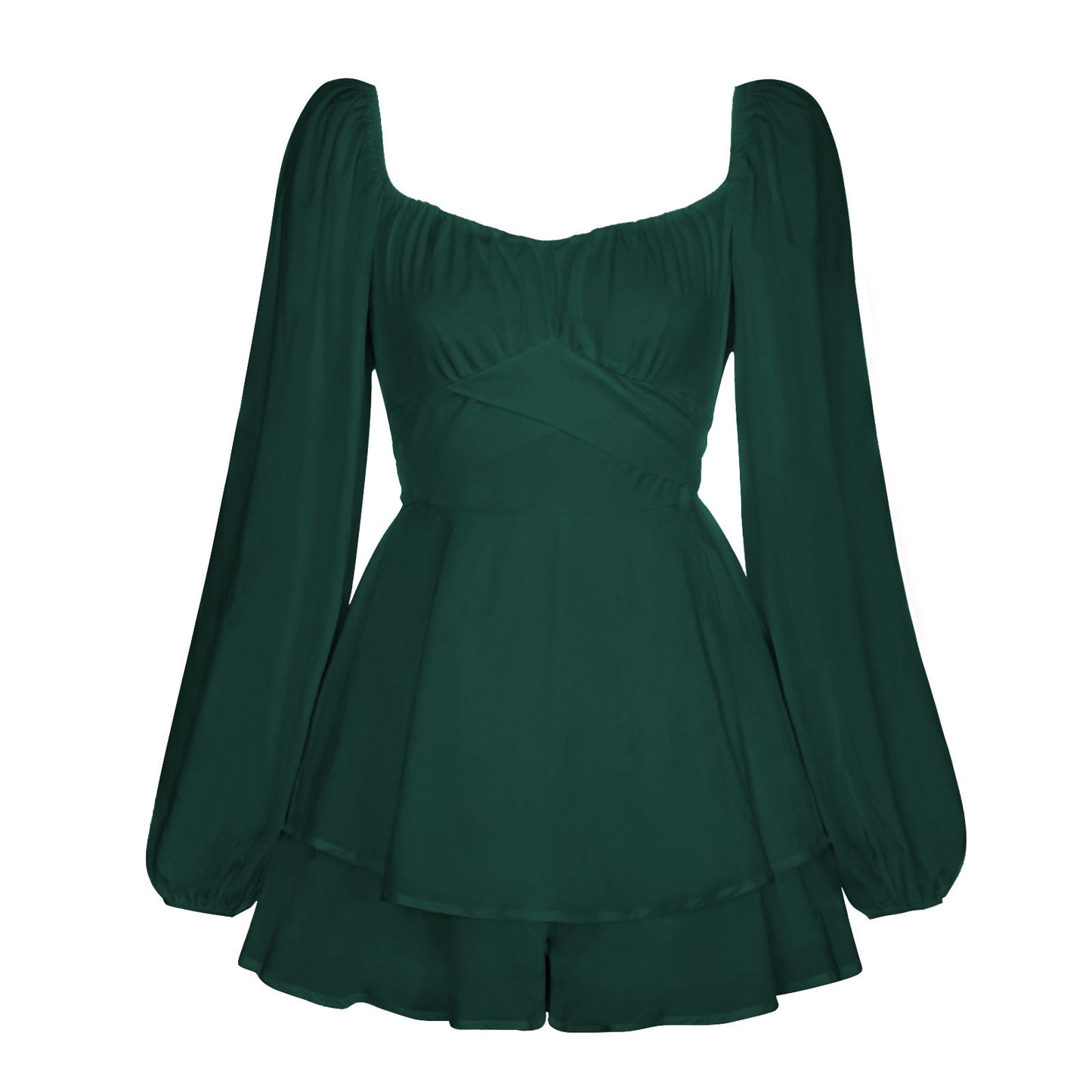 Ruffled V-Neck Women's Long Puff Sleeve Shorts Romper