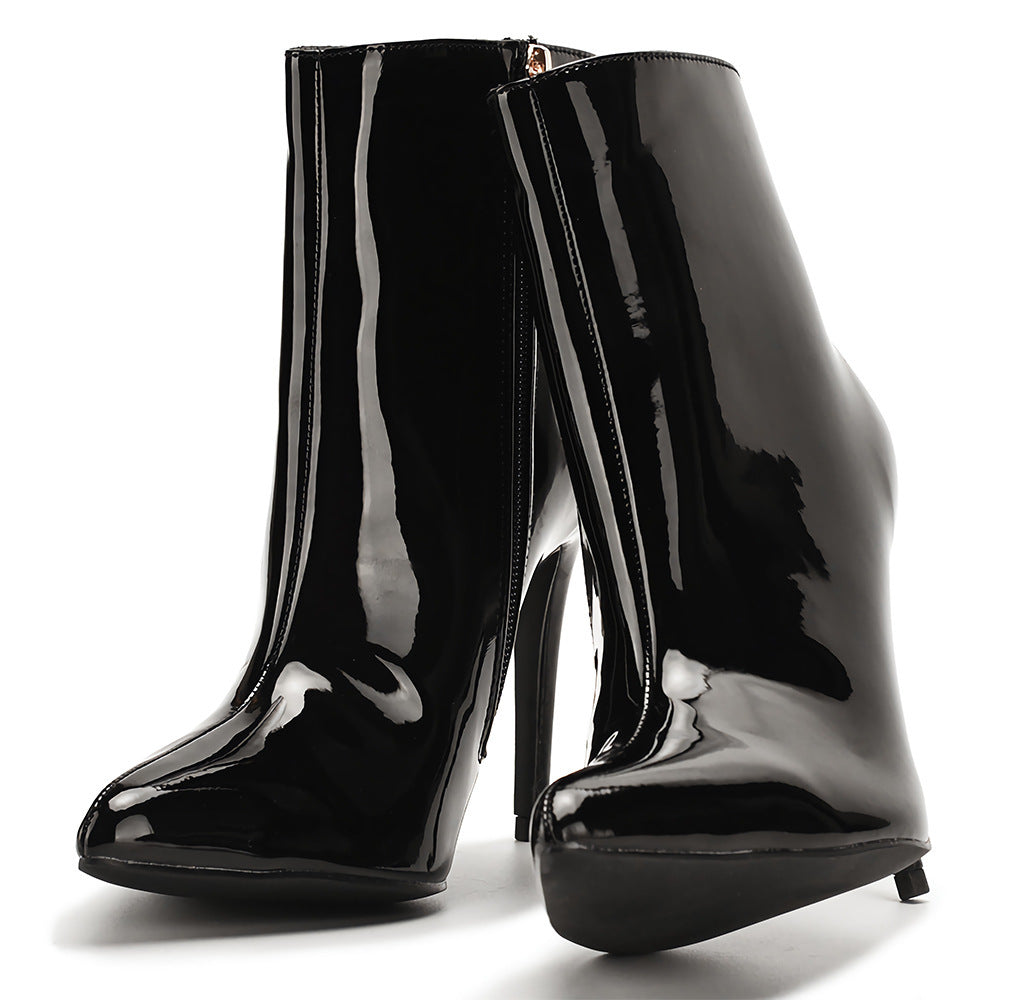 Patent Leather Pointed Toe Side Zipper Solid Color Women's High Heel Ankle Boots
