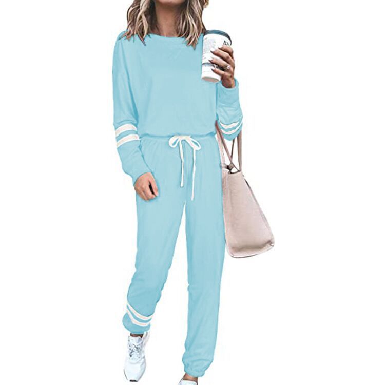 Side Striped Long Sleeve Women's Sport Top + Drawstring Sweatpants Tracksuit to 3X Plus Size