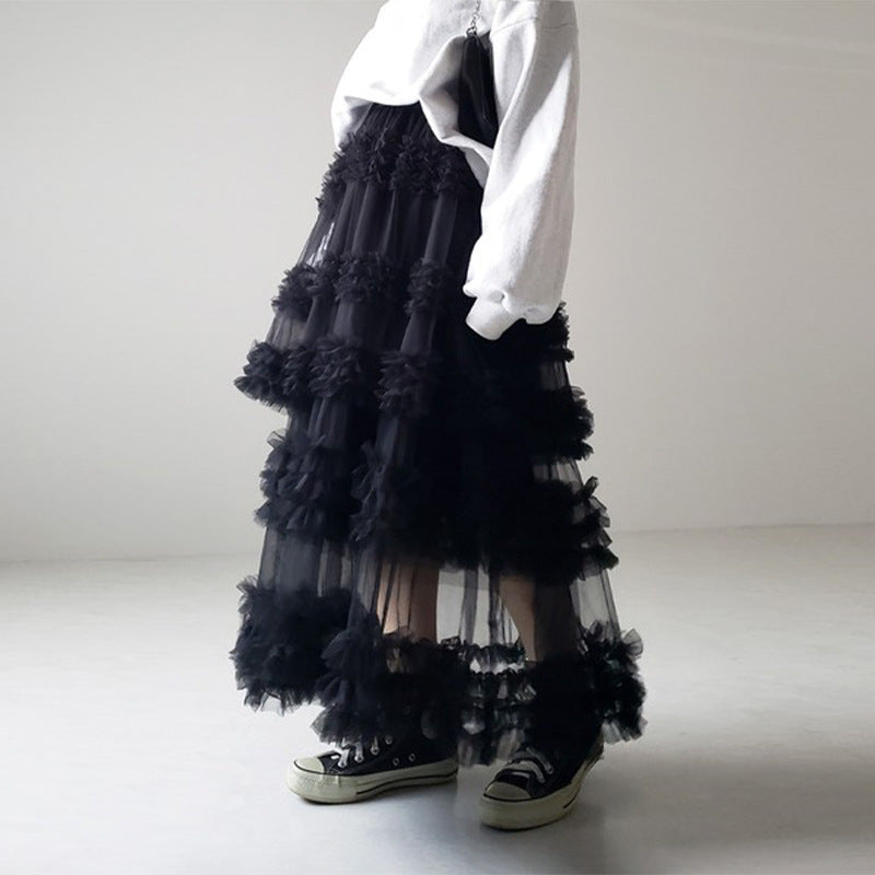 Mesh Tiered Sheer Transparent 3-Layer Spliced Tutu Maxi Skirt