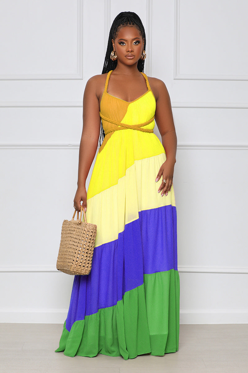 Chiffon Diagonal Colorblock Striped Print Spaghetti Strap V-Neck Maxi Sundress