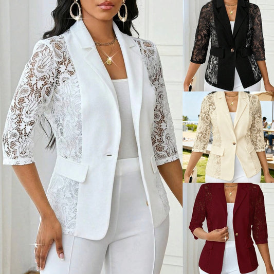 Lace Floral Solid-Color Lace Hollowed-Out 3/4 Sleeve Women's Blazer Jacket