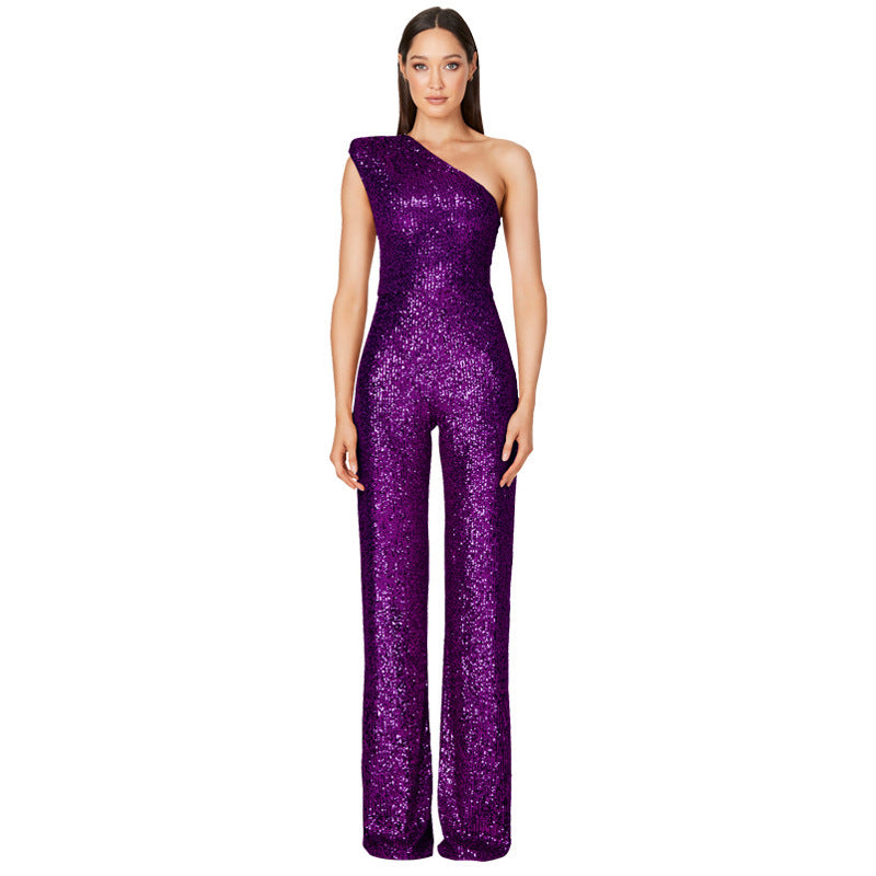 Sequin Sleeveless Sparkling Glitter Asymmetrical One Shoulder Women's Jumpsuit