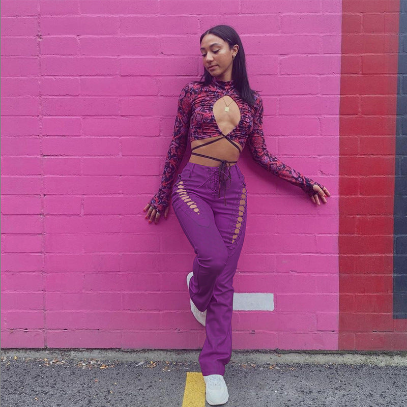 Hollow-Out Faux Leather Straight Women's Ankle Pants