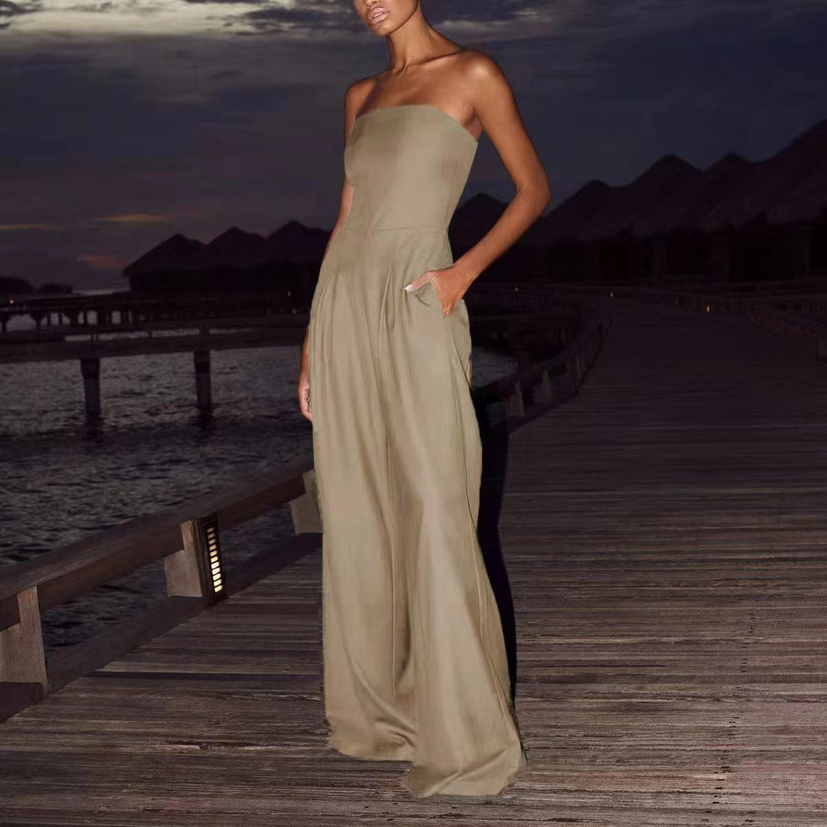 Sleeveless Strapless Ruched Elastic Tube Top Design Backless Wide Leg Women's Solid Color Jumpsuit