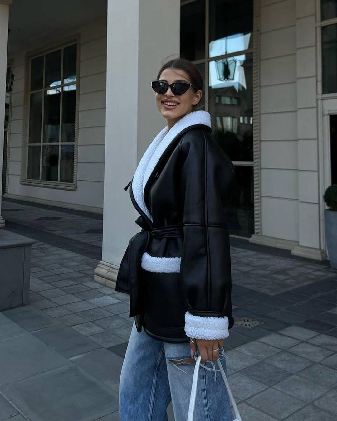 PU Leather Fleece Faux Fur Lined Sash Belted Women's Long Sleeve Spliced Coat