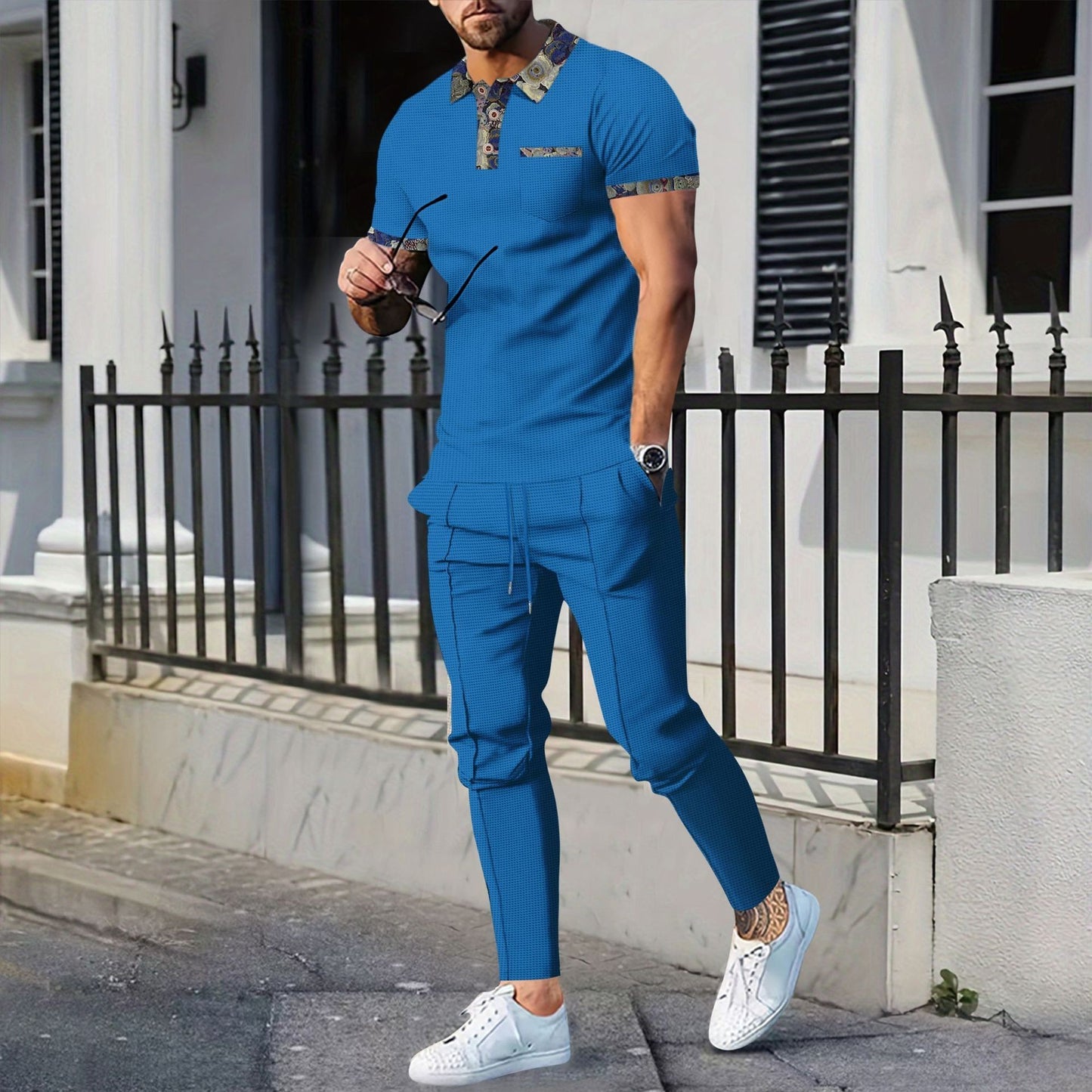 Men's Waffle Pattern Floral Turn-Down Collar Short Sleeve Polo Shirt + Drawstring Pocketed Pants 2-Piece Set