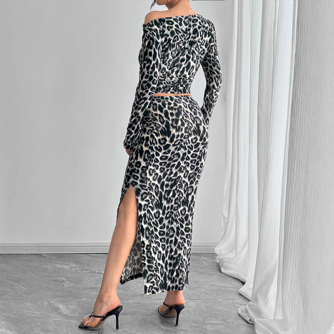 Black/Grey Leopard Print Long Sleeve Shirt + High Slit Maxi Skirt Women's 2-Piece Set