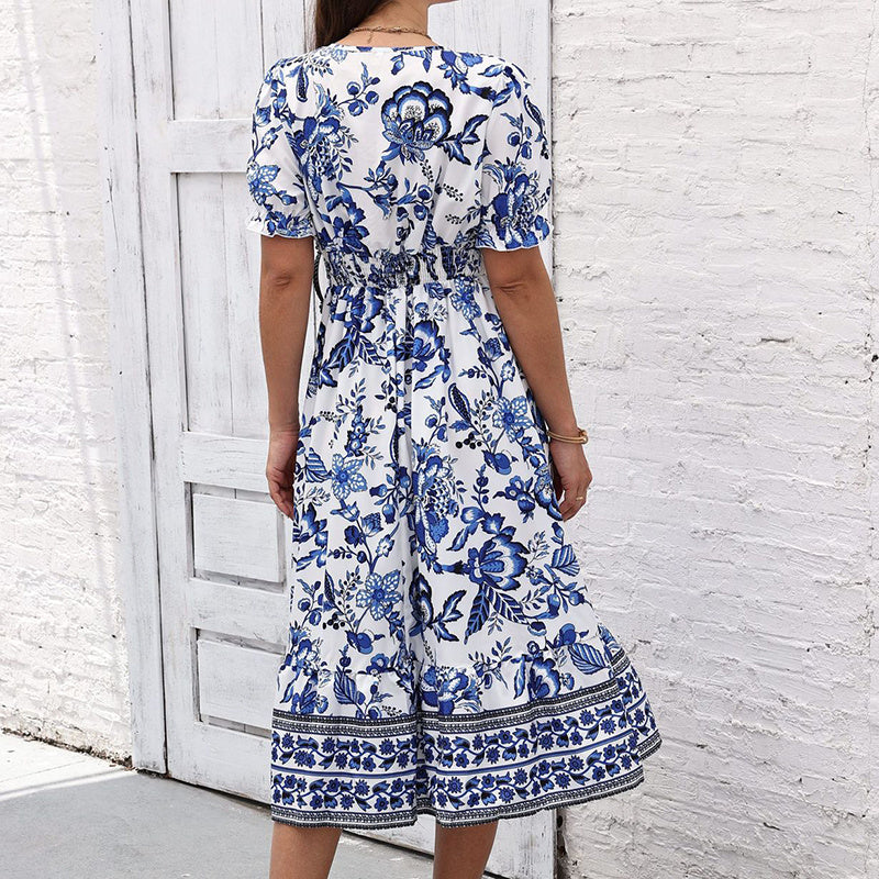 Floral Print Short Puff Sleeve V-Neck Bohemian Flowy Smocked Maxi Dress