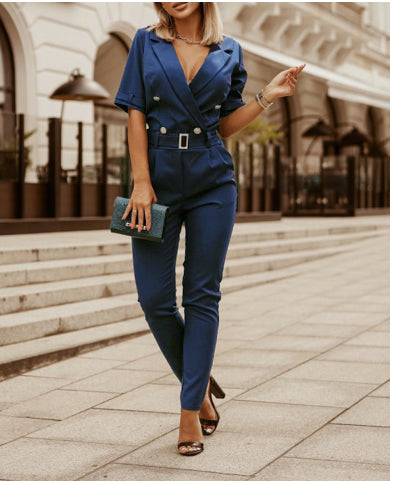 Double Breasted Button Detail Short Sleeve Women's Belted Jumpsuit