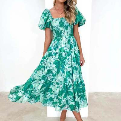 Flower Print Tiered Short Bubble Sleeve High Waist Off-the-Shoulder Bohemian Maxi Dress
