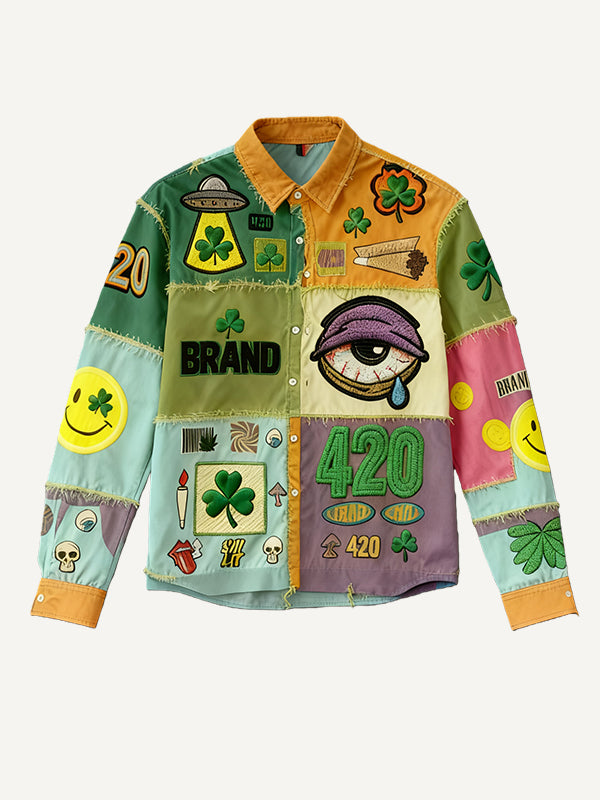 Tiered Hip-Hop 4/20 Patchwork Design Unisex Turn-Down Collar Women's Button-Up Shirt