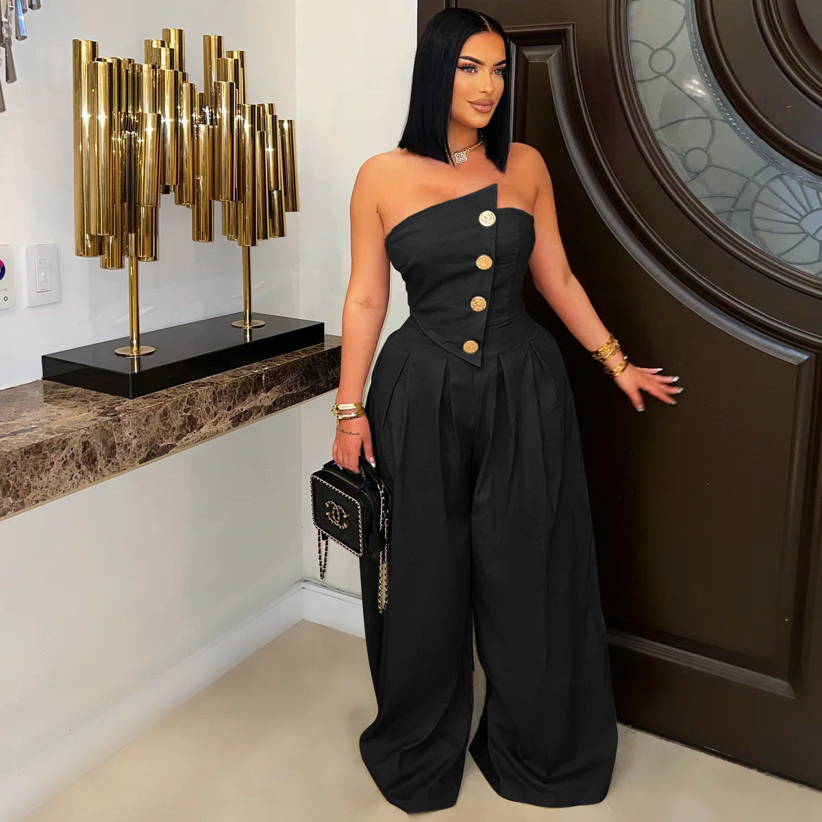 Tube Top Sleeveless Metal Button Design Women's Wide Leg Jumpsuit