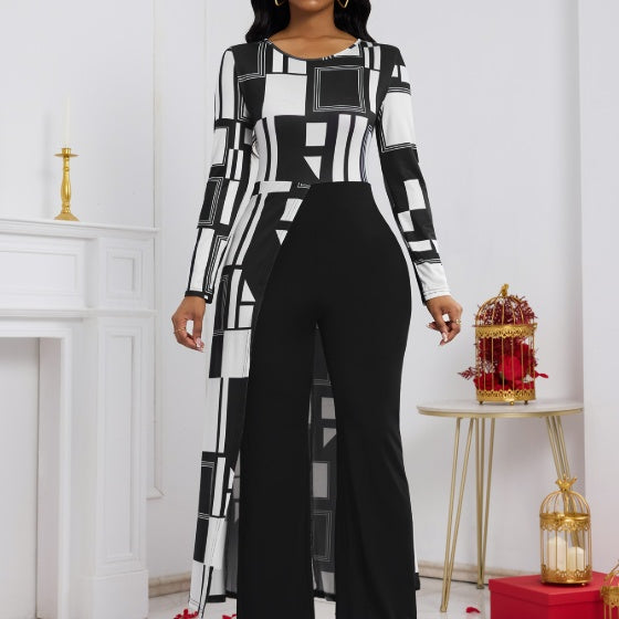 Black/White Colorblock  Geometric Print Long Sleeve Maxi Blouse One-Piece Women's Jumpsuit