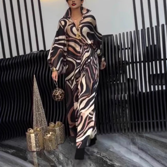 Swirl Print Long Sleeve Blouse + Wide Leg Loose Pants Women's 2-Piece Set to 3X Plus Size