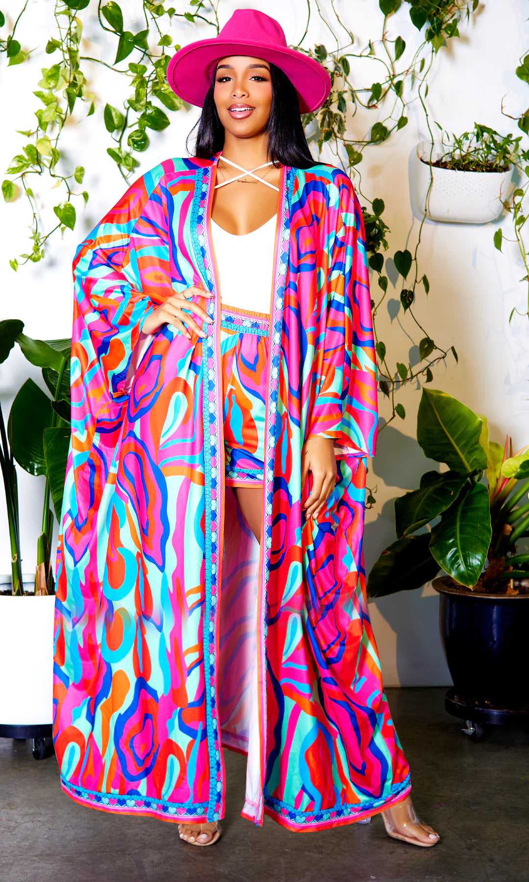 Chiffon Tropical Floral Print Maxi Cardigan Blouse w/ Matching Shorts 2-Piece Set