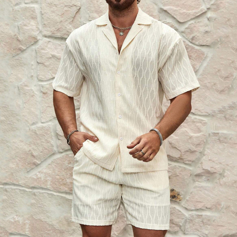 Men's Turn-Down Collar Short Sleeve Solid Color Shirt + Matching Shorts Two-Piece Set